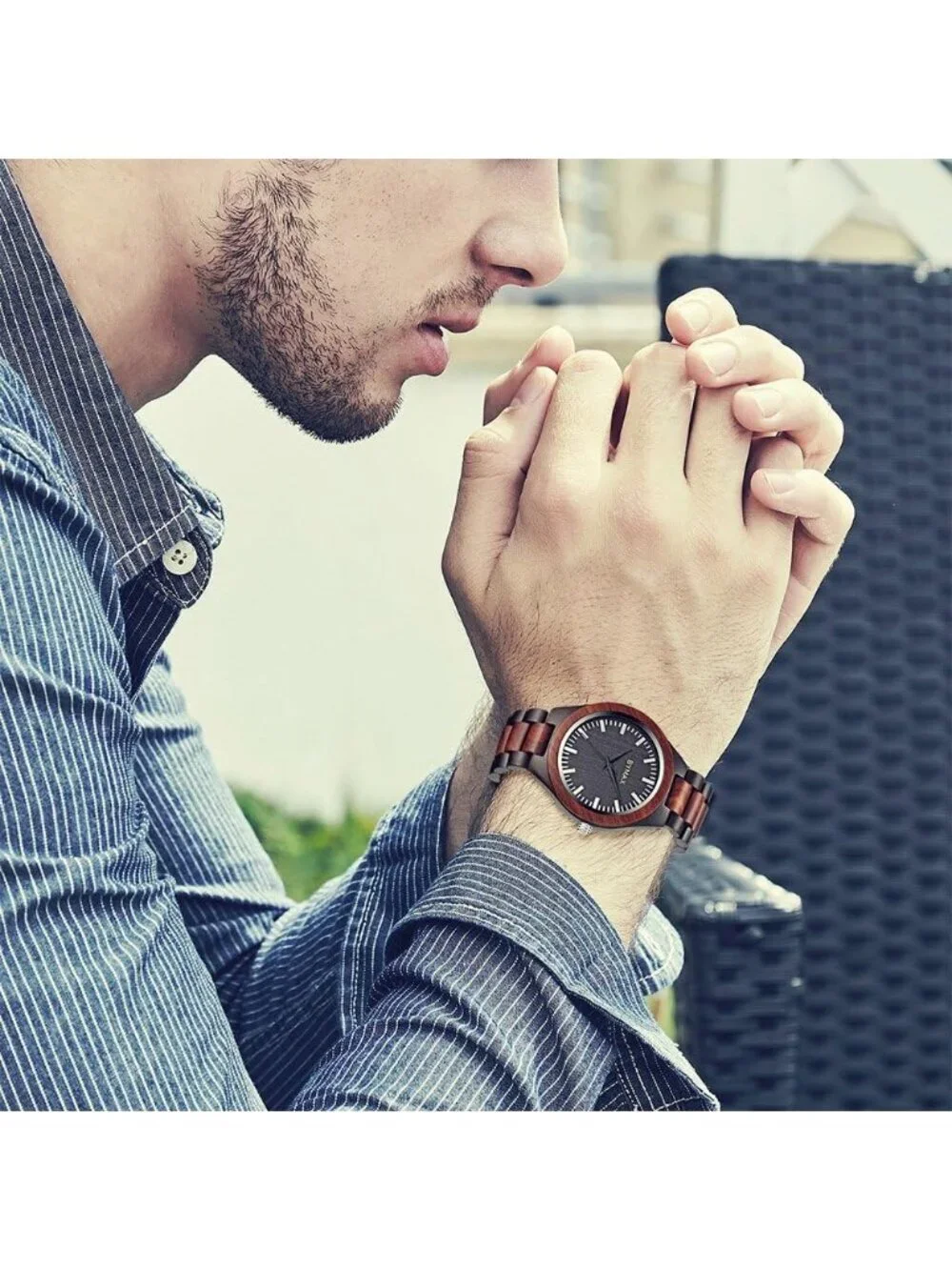 Men's Black Brown Analog Quartz Fashion Handmade Solid Round Wrist Wooden Watch